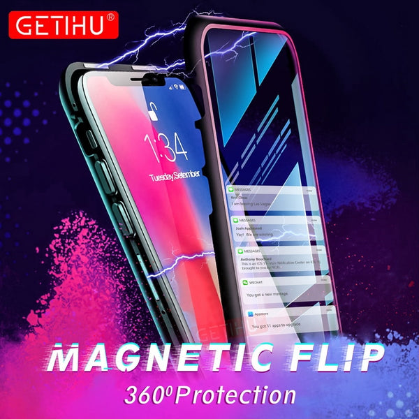 Magnetic Case for iPhone XR XS MAX X 8 Plus 7 + Metal Tempered Glass Back Magnet Cases